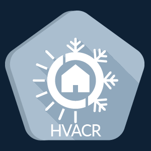 A grey icon for HVACR with an image of a house in a circle surrounded by lines for heat and snowflake halves for cold.