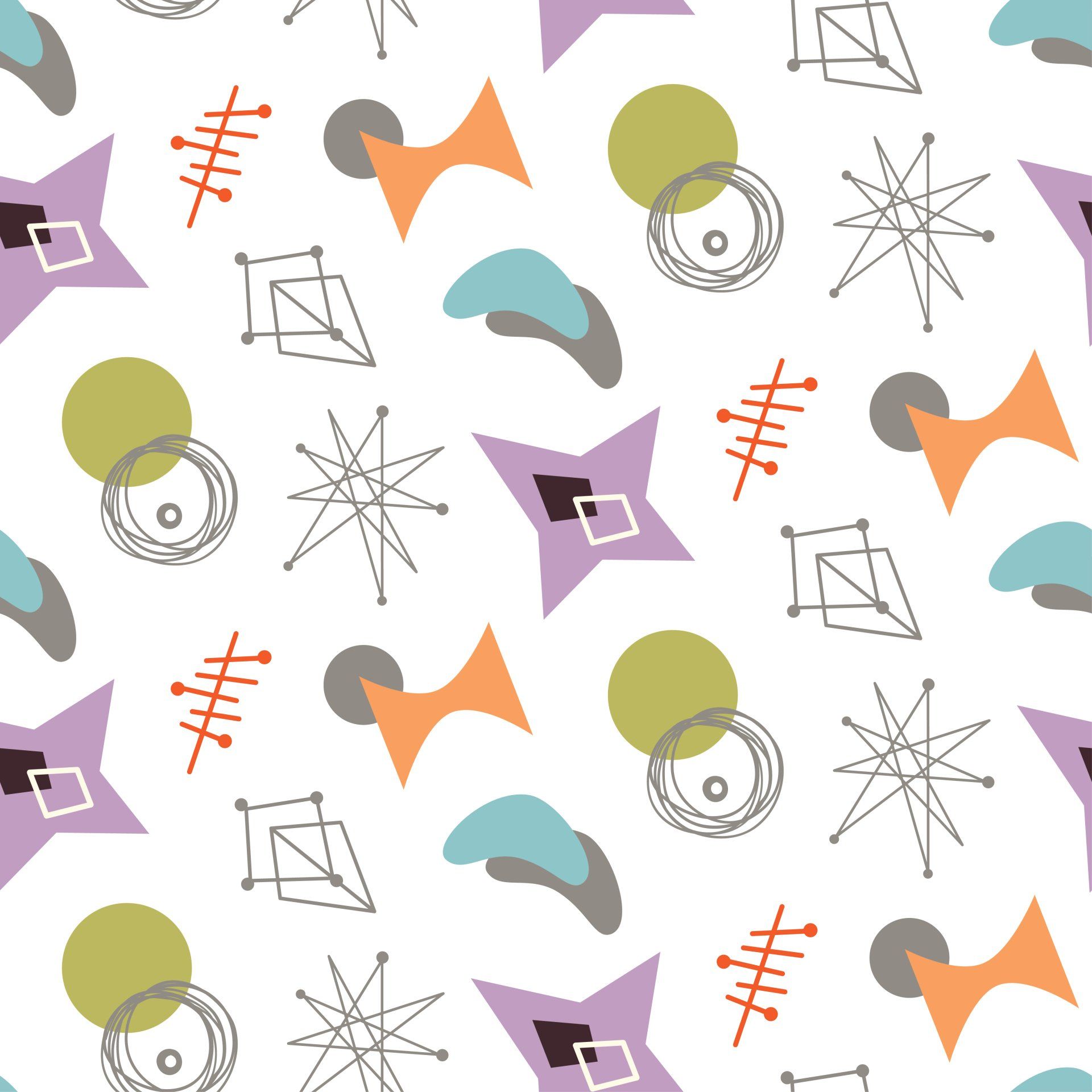 A seamless pattern of colorful geometric shapes on a white background