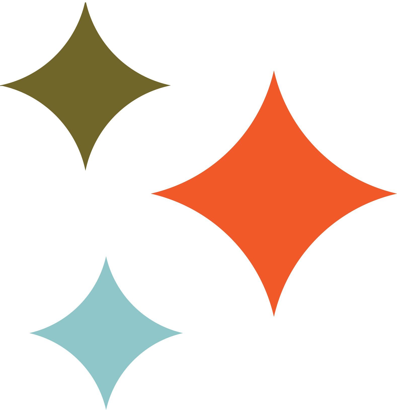 Three diamonds of different colors are on a white background.