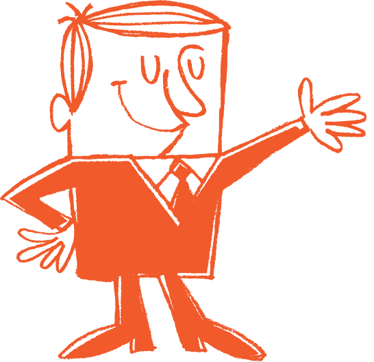 A retro cartoon of a man in orange ink wears a suit and waves broadly.