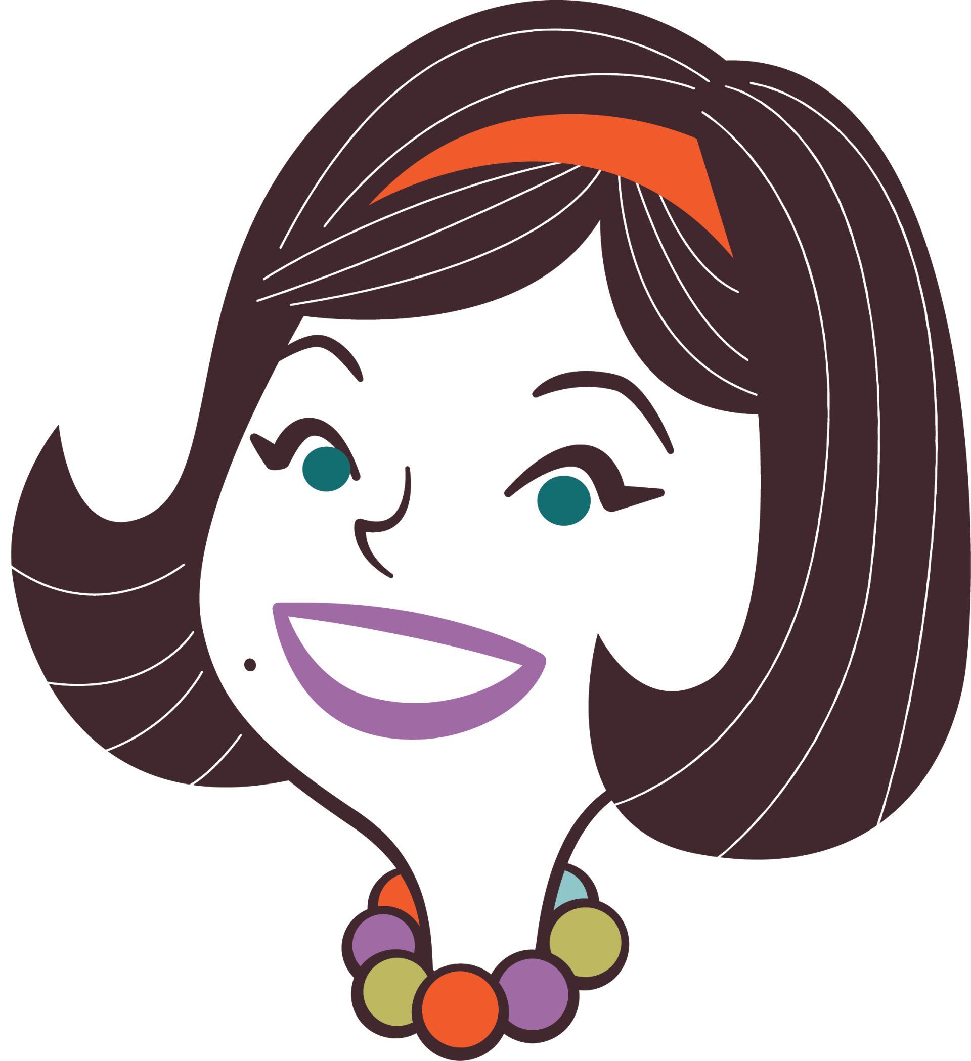 A retro cartoon woman's head smiles at the viewer.