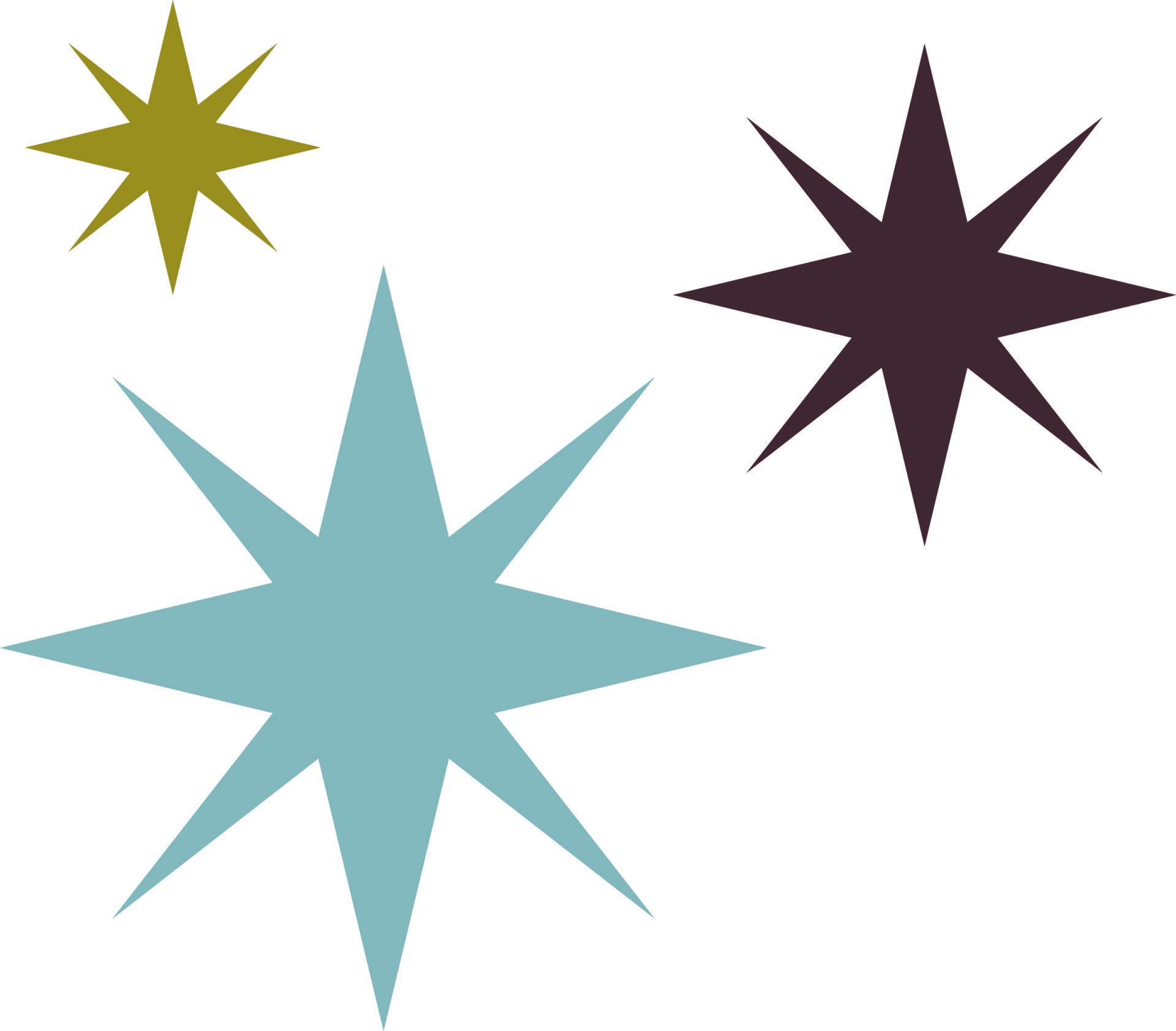 Three different colored stars on a white background.