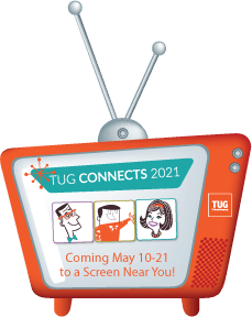 A poster for tug connects 2021 shows a retro style TV with three cartoon characters featured in a row in boxes.