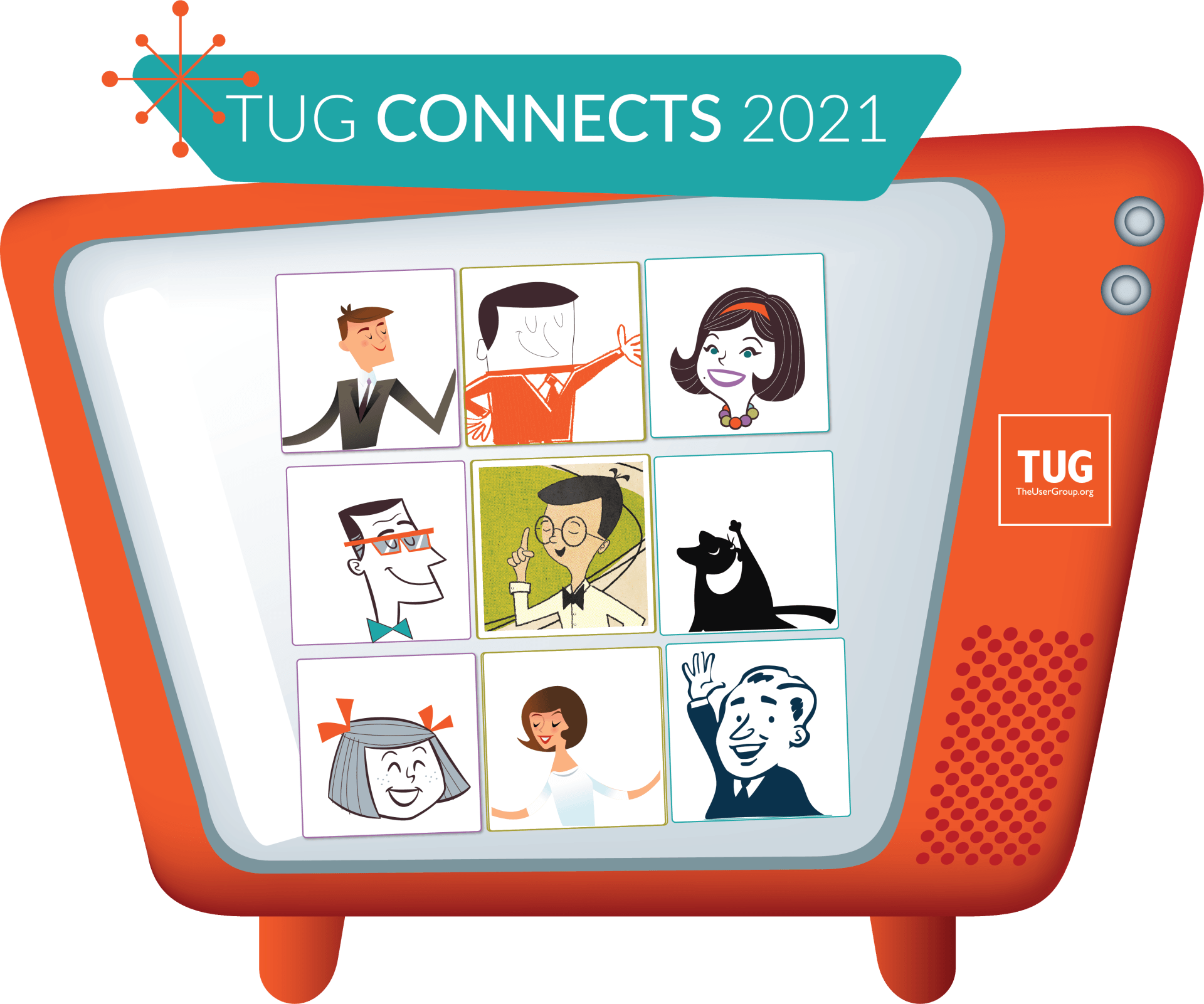 Retro cartoon characters are featured on a grid on an orange retro cartoon TUG TV