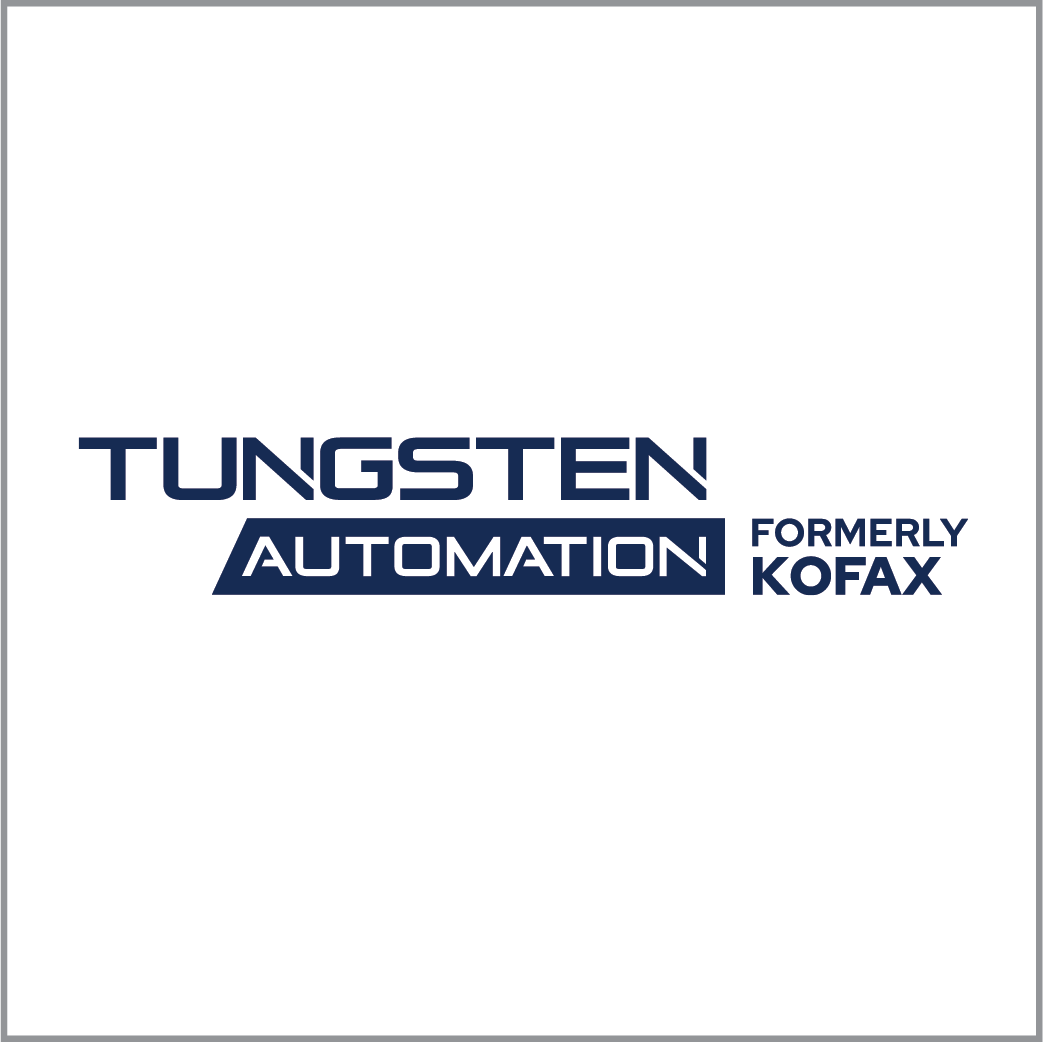 A blue and white logo for tungsten automation formerly kofax.