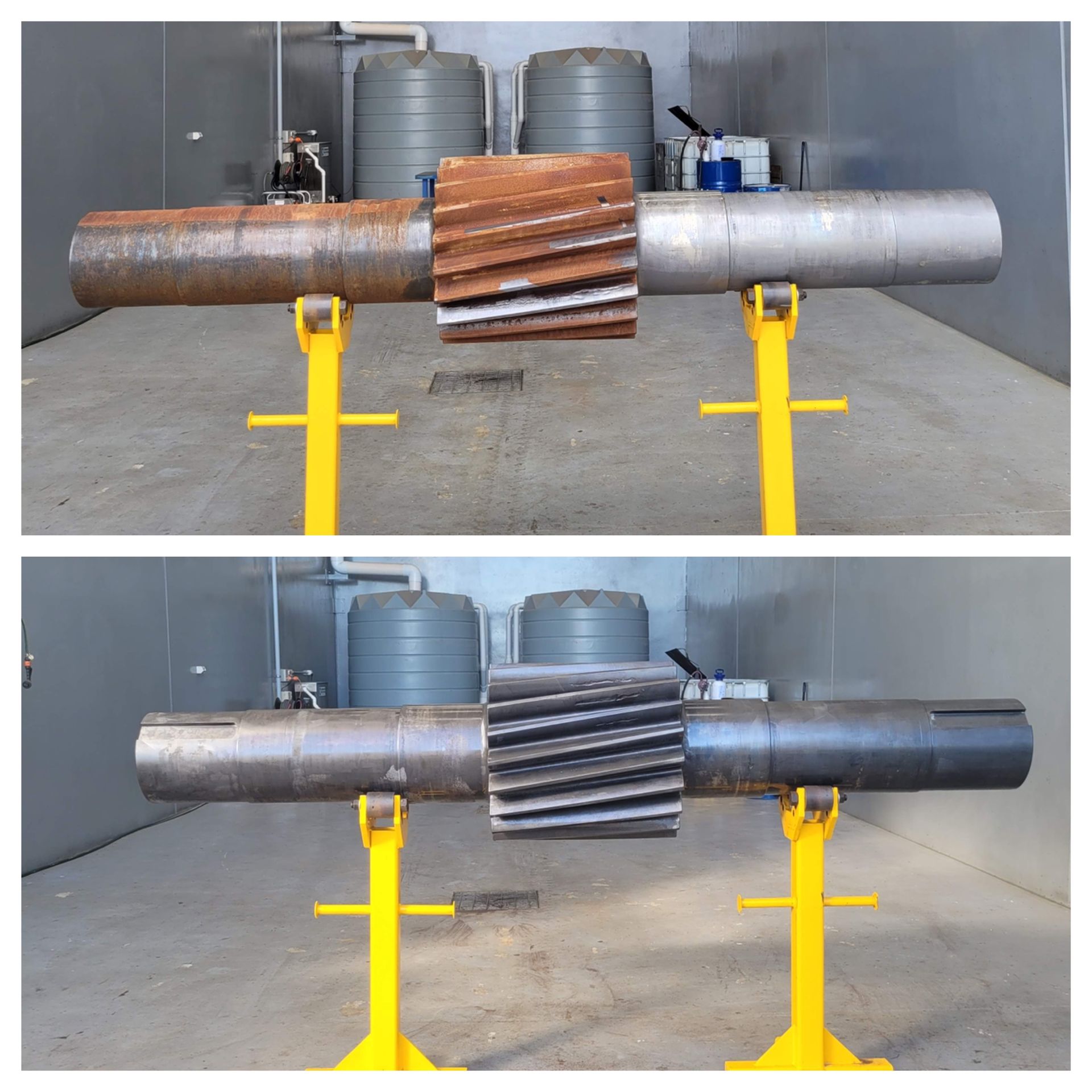 A before and after picture of a gear on a yellow stand