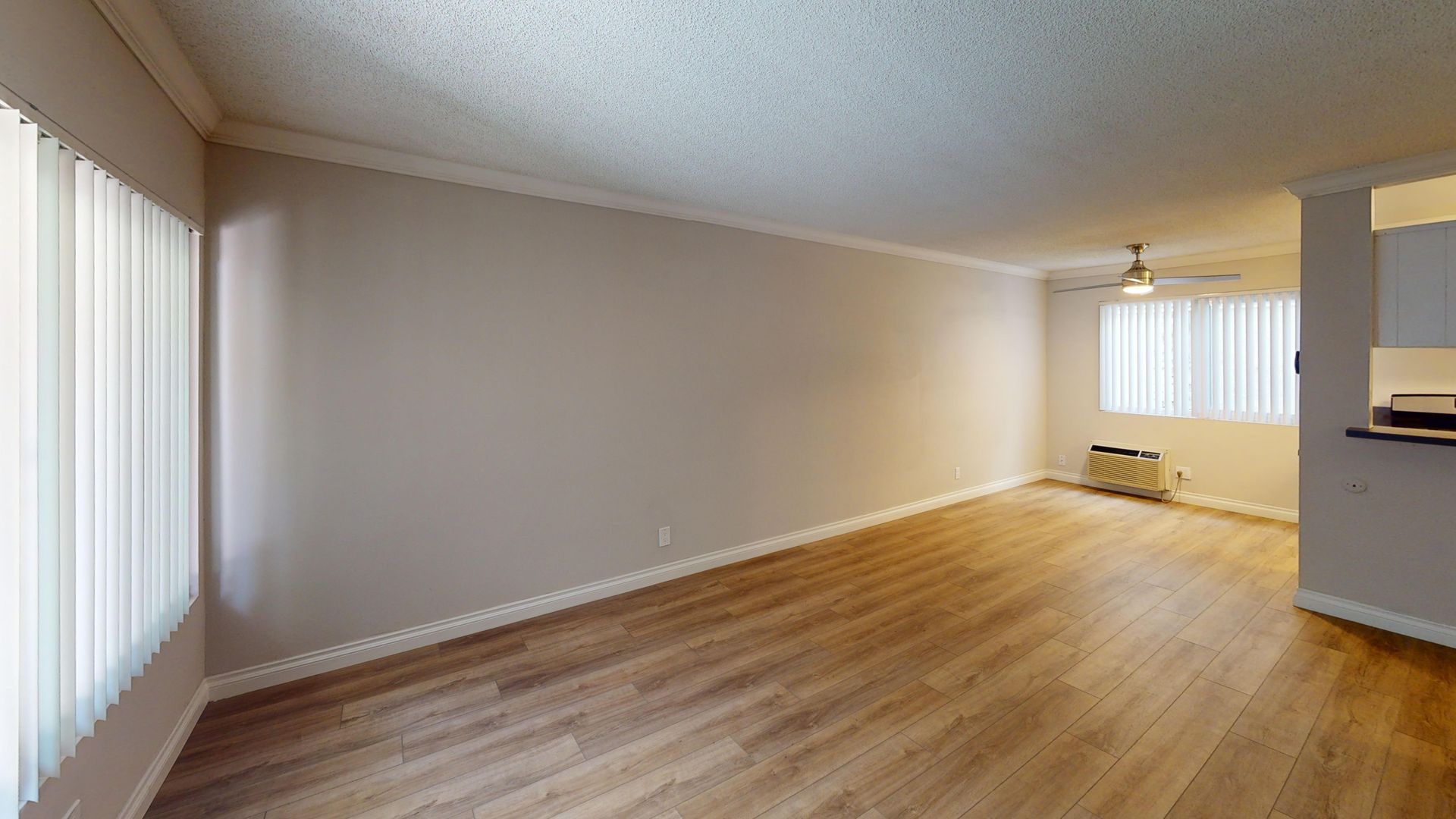 Empty living room with wood flooring, large windows, and a ceiling fan.