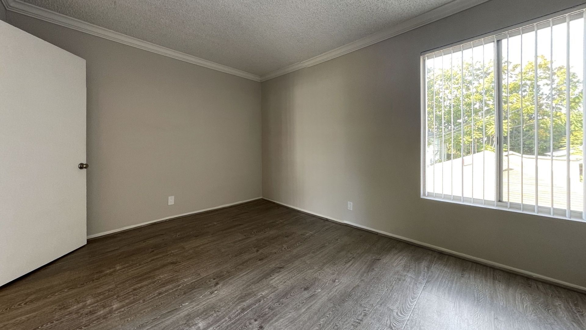 Empty room with wood-look flooring, a closed door, and a window with vertical blinds, neutral walls.