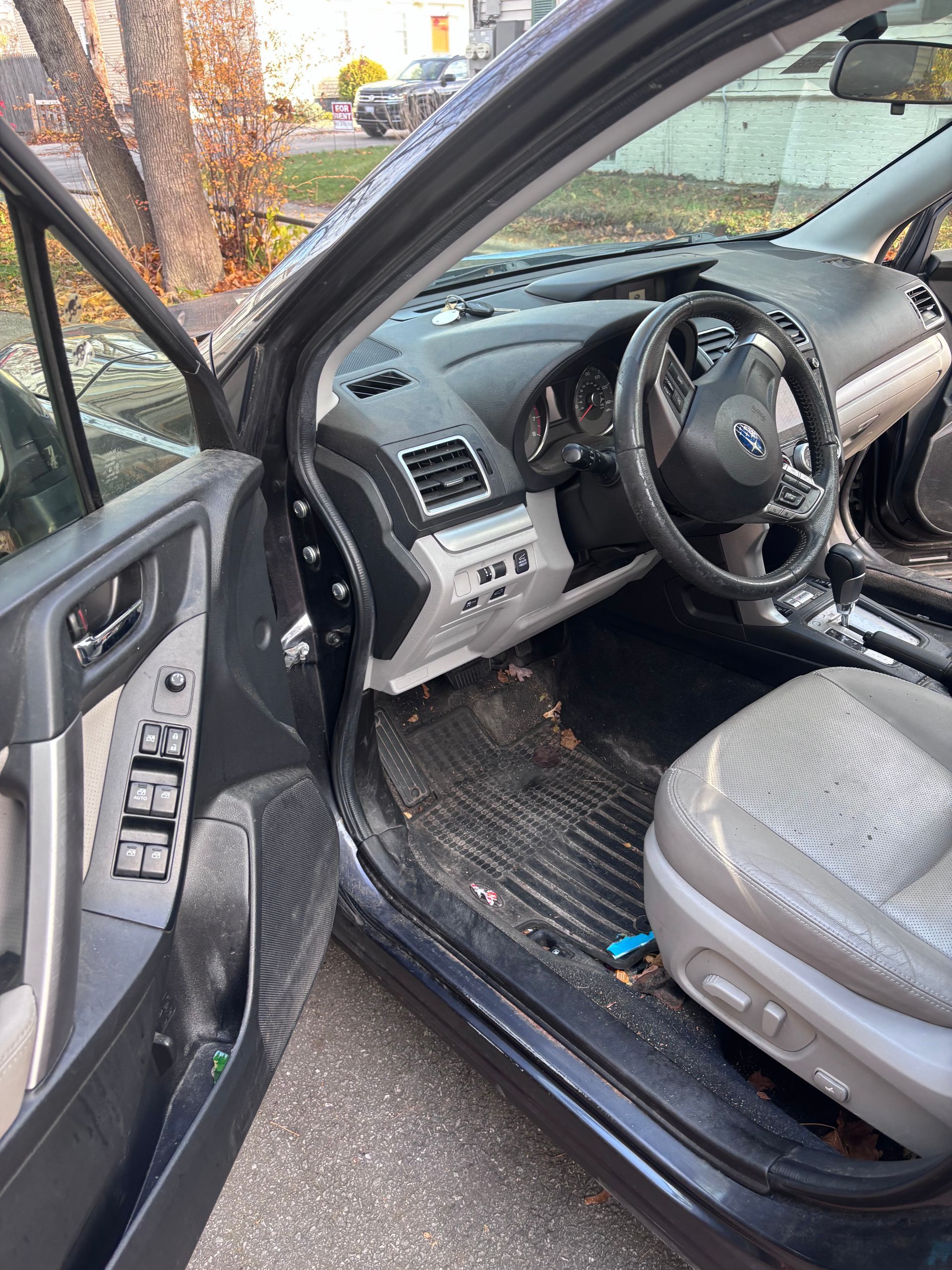Open car door showing gray interior, steering wheel, and front seat