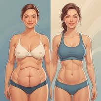 Un confronto affiancato di due persone che mostrano la trasformazione del proprio corpo, da un addome flaccido a un fisico atletico e tonico.