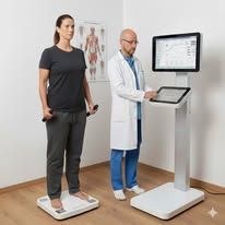 Una persona si posiziona su una bilancia per l'analisi della composizione corporea mentre un professionista aziona il relativo monitor medico.