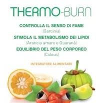 Etichetta del prodotto Thermo-Burn, integratore per la perdita di peso, che mostra ingredienti come arancia amara, guaranà e garcinia.