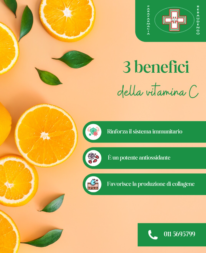 Un'infografica con arance su sfondo color pesca che elenca tre benefici della vitamina C: supporto al sistema immunitario, azione antiossidante, collagene.