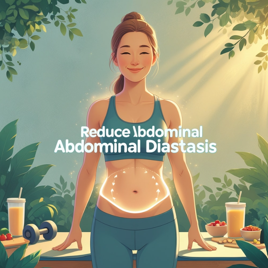 Una persona in abbigliamento sportivo sorride in un ambiente verdeggiante, con un addome luminoso sotto la scritta