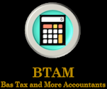 A logo for bas tax and more accountants with a calculator in a circle.