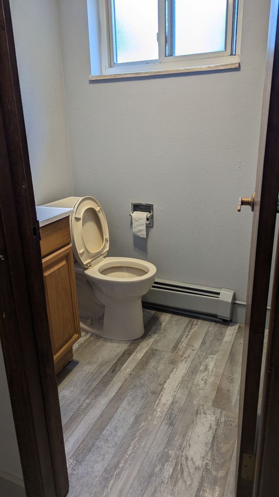 Bathroom with a toilet, vanity, and window. Gray walls, light wood floor, and a radiator.