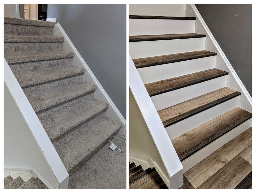 Before and after of a staircase transformation: carpeted stairs replaced with wood treads and white risers.