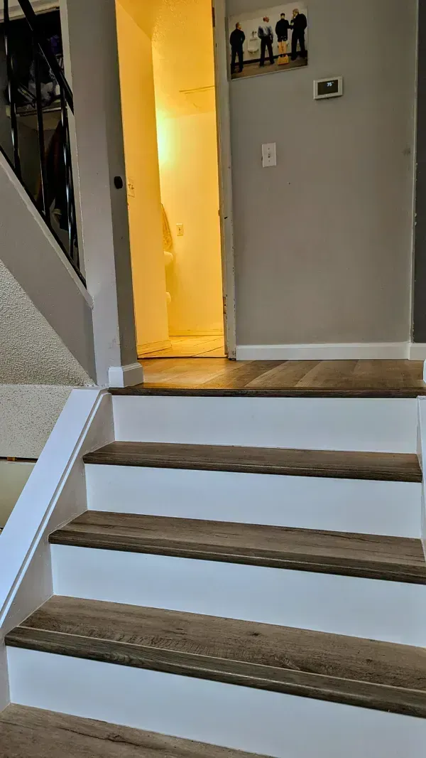 Staircase with brown carpeted steps, white risers, leading to a doorway with bright light.