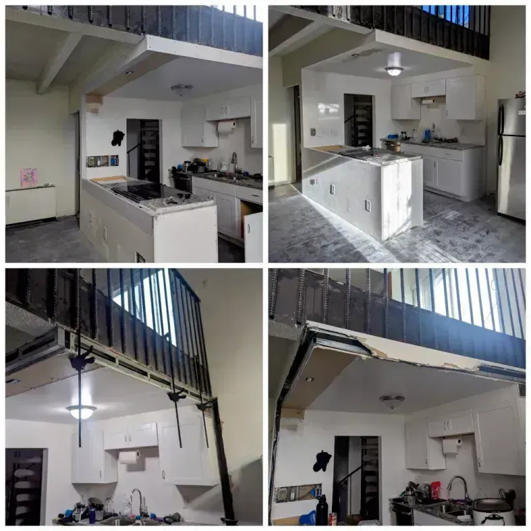 Four-panel view of a kitchen with a loft area, white cabinets, and a central island.