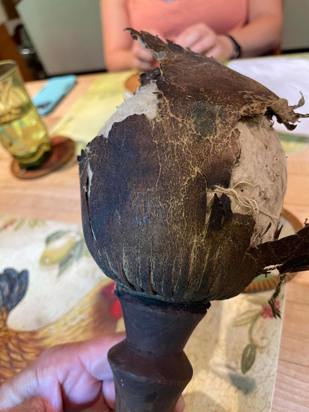 A person is holding a statue of a bird on a table.