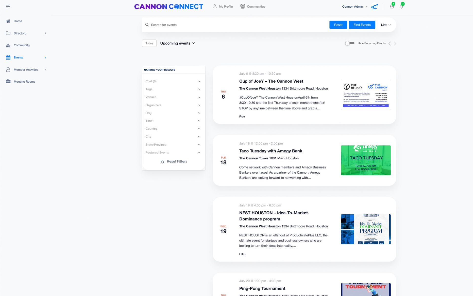 Cannon Connect Events page