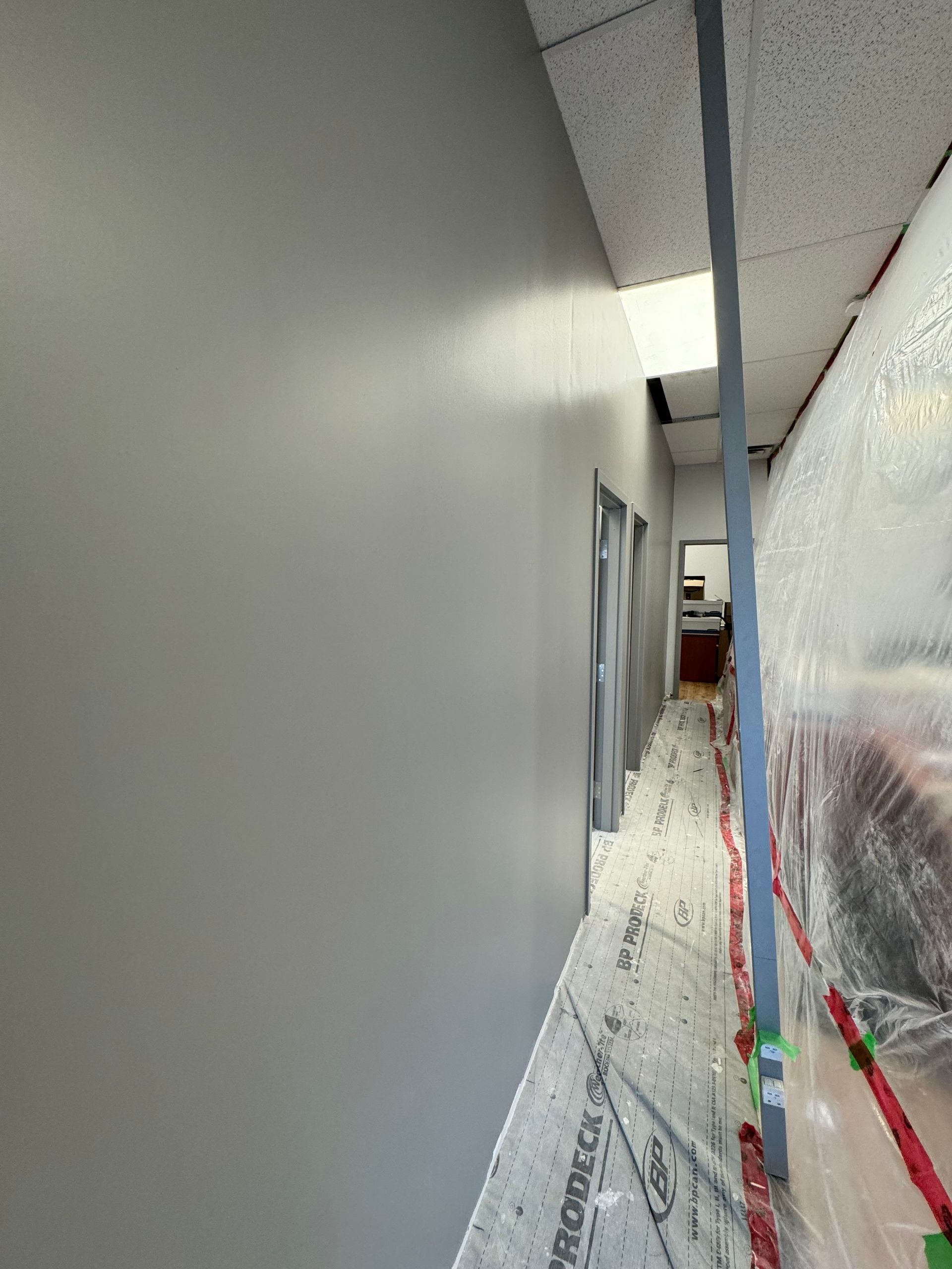 Couloir gris avec mur fraîchement peint et bâche en plastique.