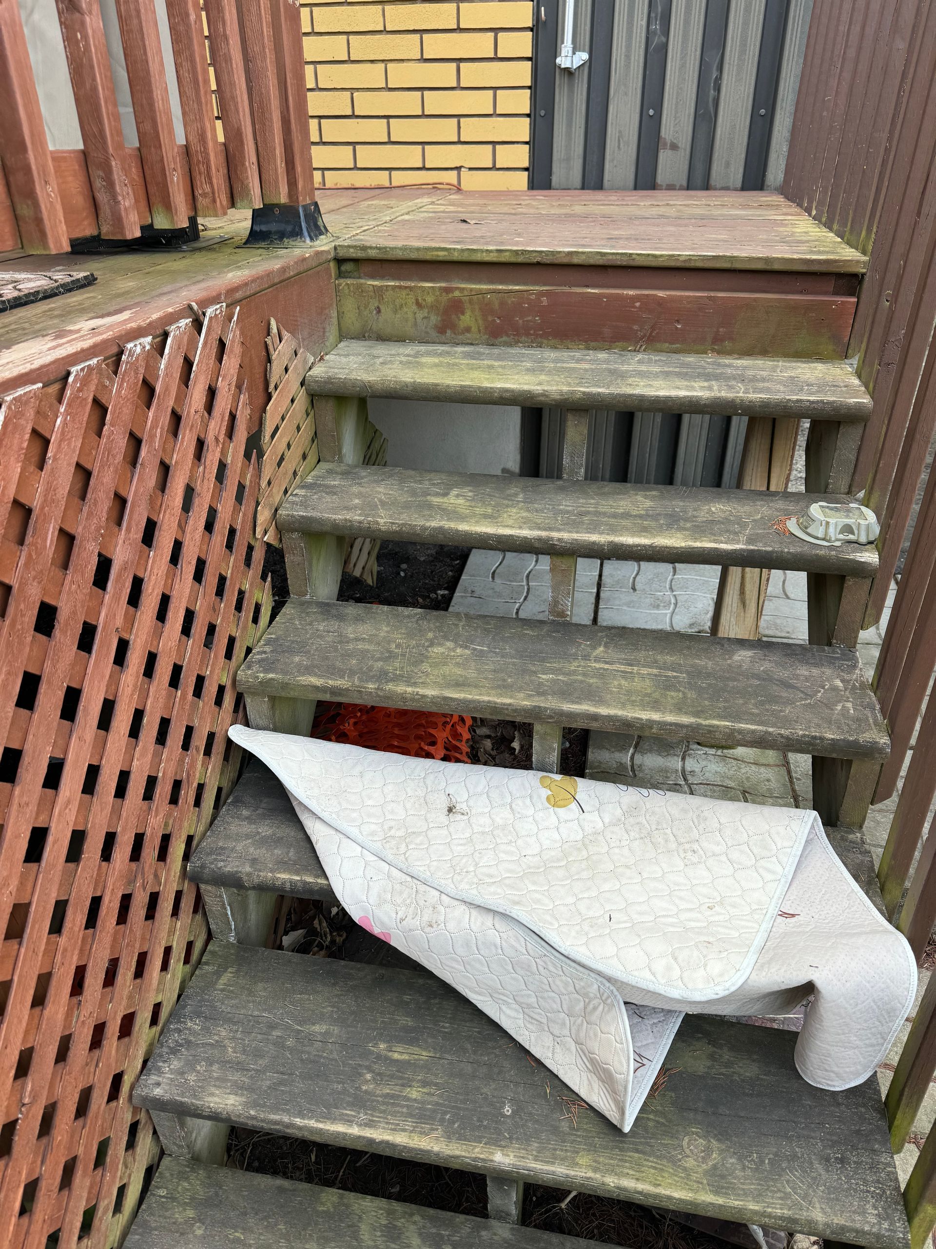 Escalier extérieur en bois avec un tapis usé et un mur en treillis rouge.