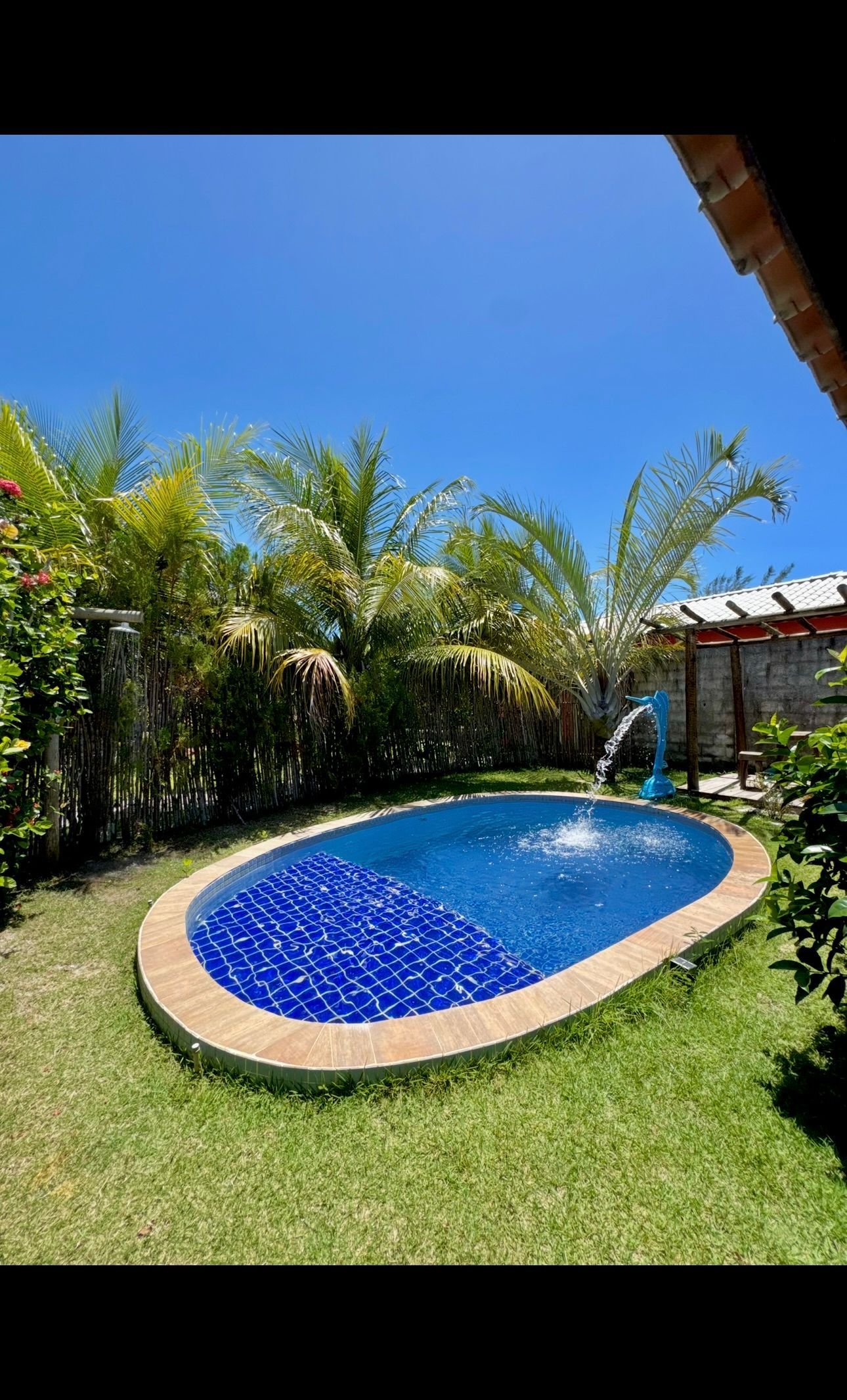 Uma piscina oval com azulejos azuis está situada em um gramado verdejante em um dia ensolarado sob um céu azul brilhante.