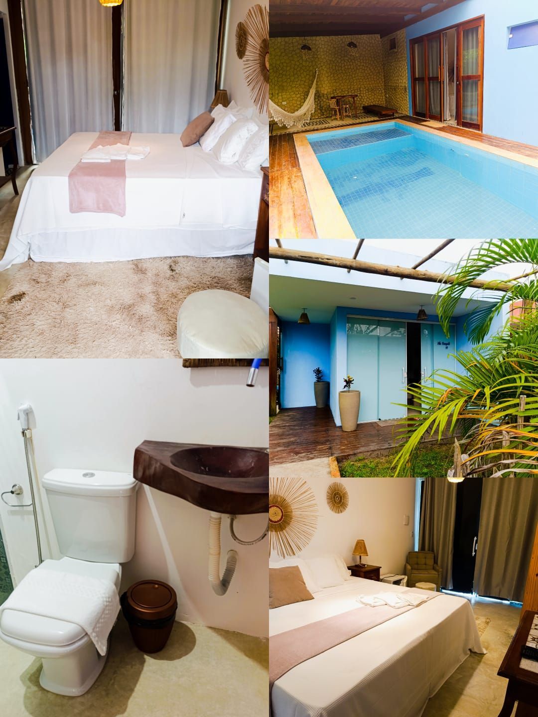 Colagem mostrando o interior de um quarto de hotel, uma piscina privativa, um pátio externo e um banheiro com vaso sanitário e pia.