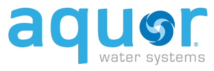 Aquor water systems logo with blue text and a swirl design.