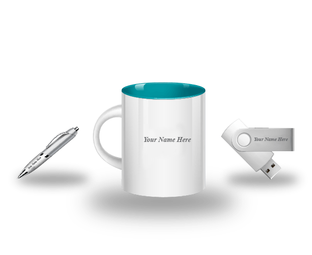Coffee mug, pendrive and pen