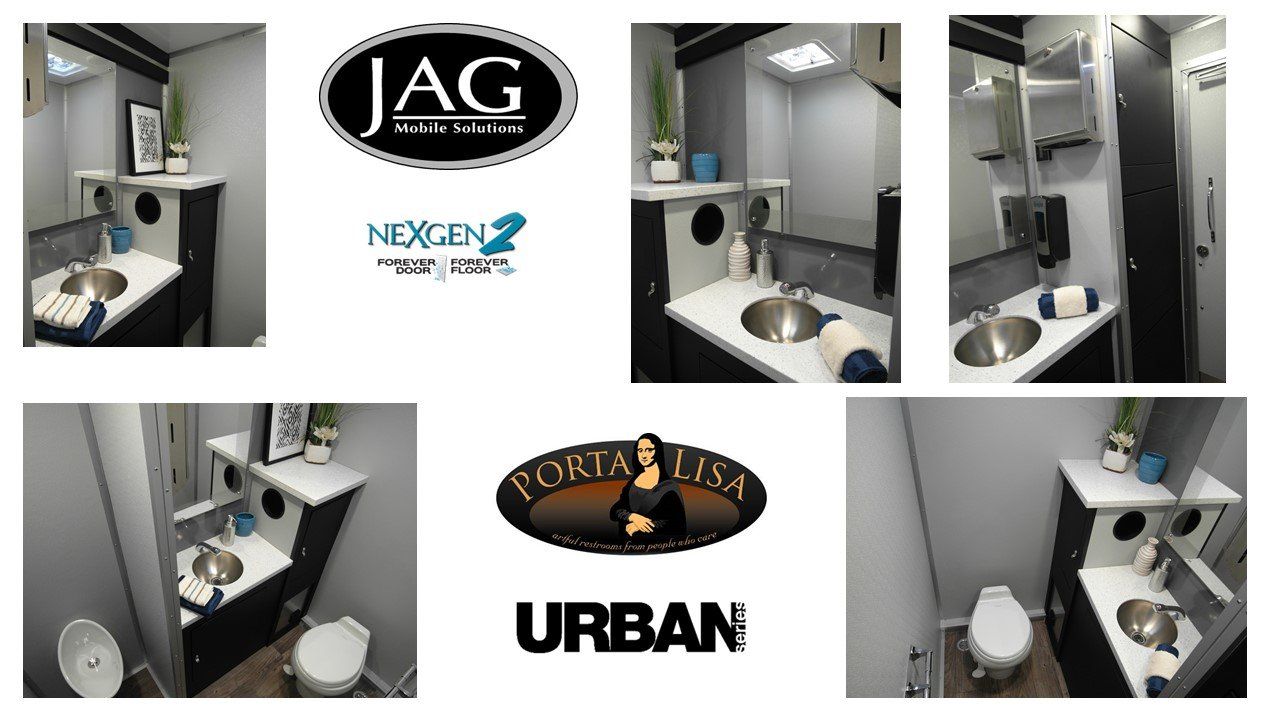 A collage of pictures of a bathroom with logos for jag and urban