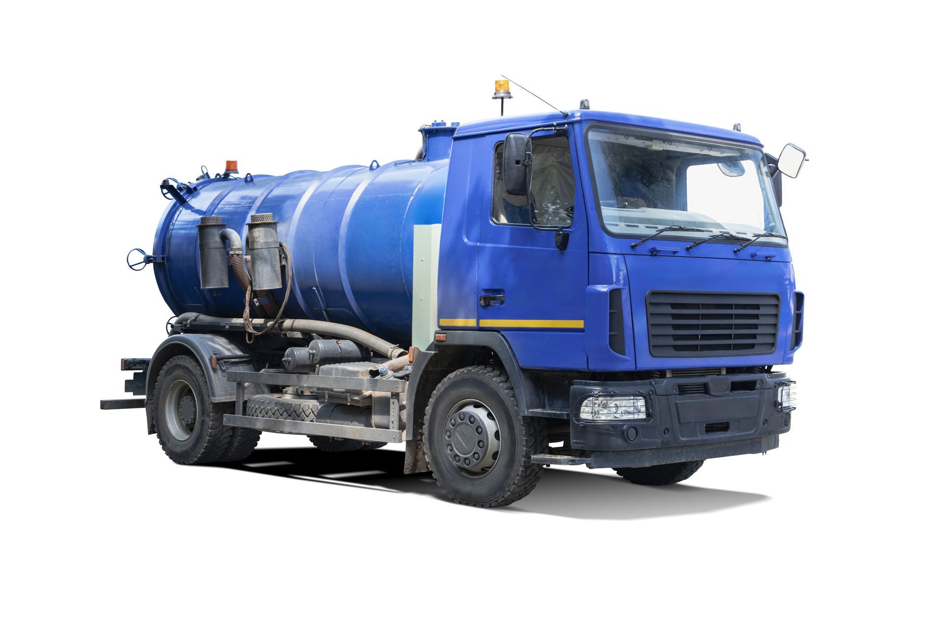A blue vacuum truck used for waste removal parked on a white background for equipment display