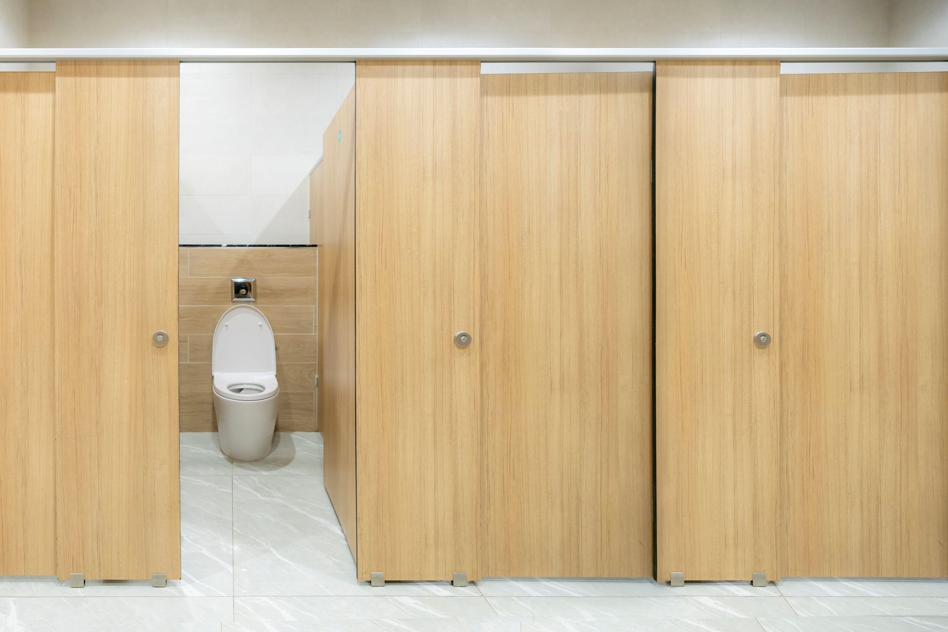 Luxurious public toilet stall with wooden door and divisions.