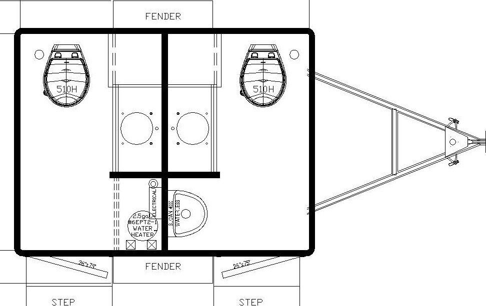 A black and white drawing of a trailer with a bathroom.
