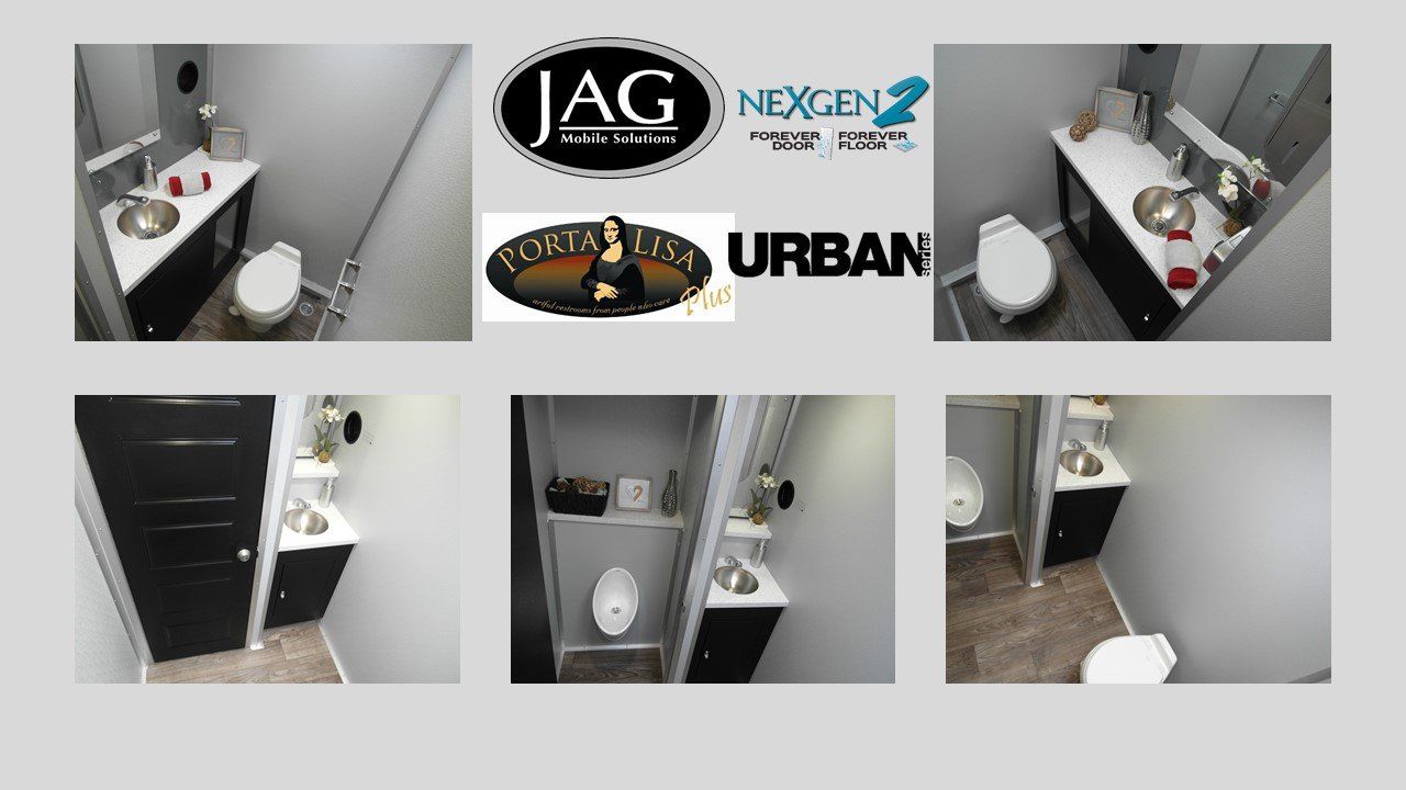 A collage of pictures of a bathroom with jag next to it