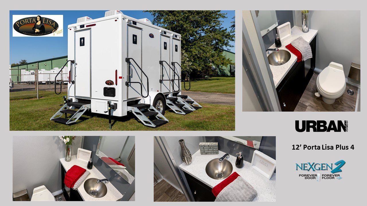 A collage of pictures of a portable bathroom with a toilet and sink