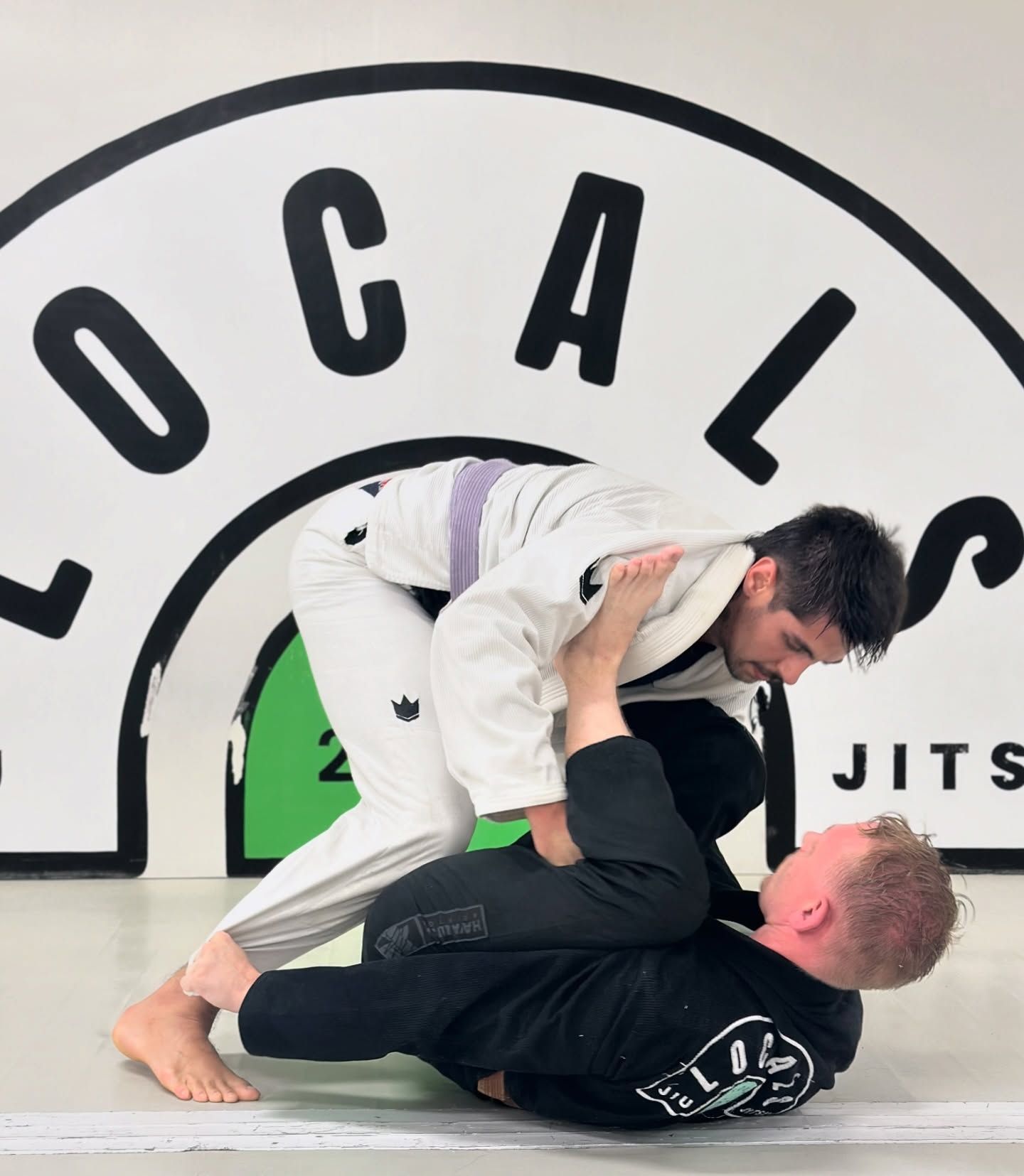 Two people practicing Brazilian Jiu-Jitsu. One in a purple belt uniform is on top, other in black is on the bottom. Training at a gym.