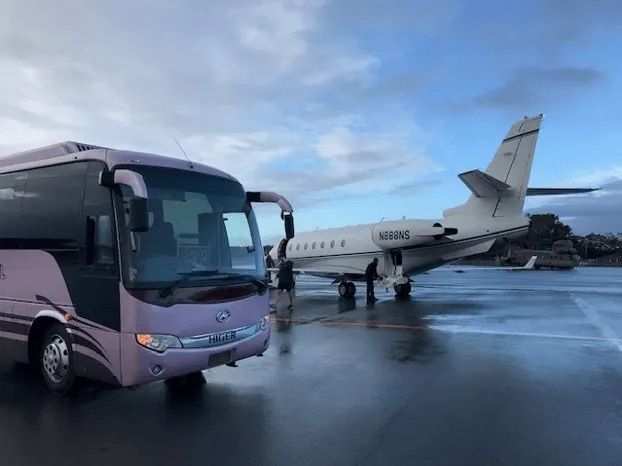 A Pink Bus Parked Infront Of A Plane — Wests National Coaches In Chevallum, QLD
