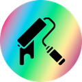 An icon of a paint roller on a colorful background.