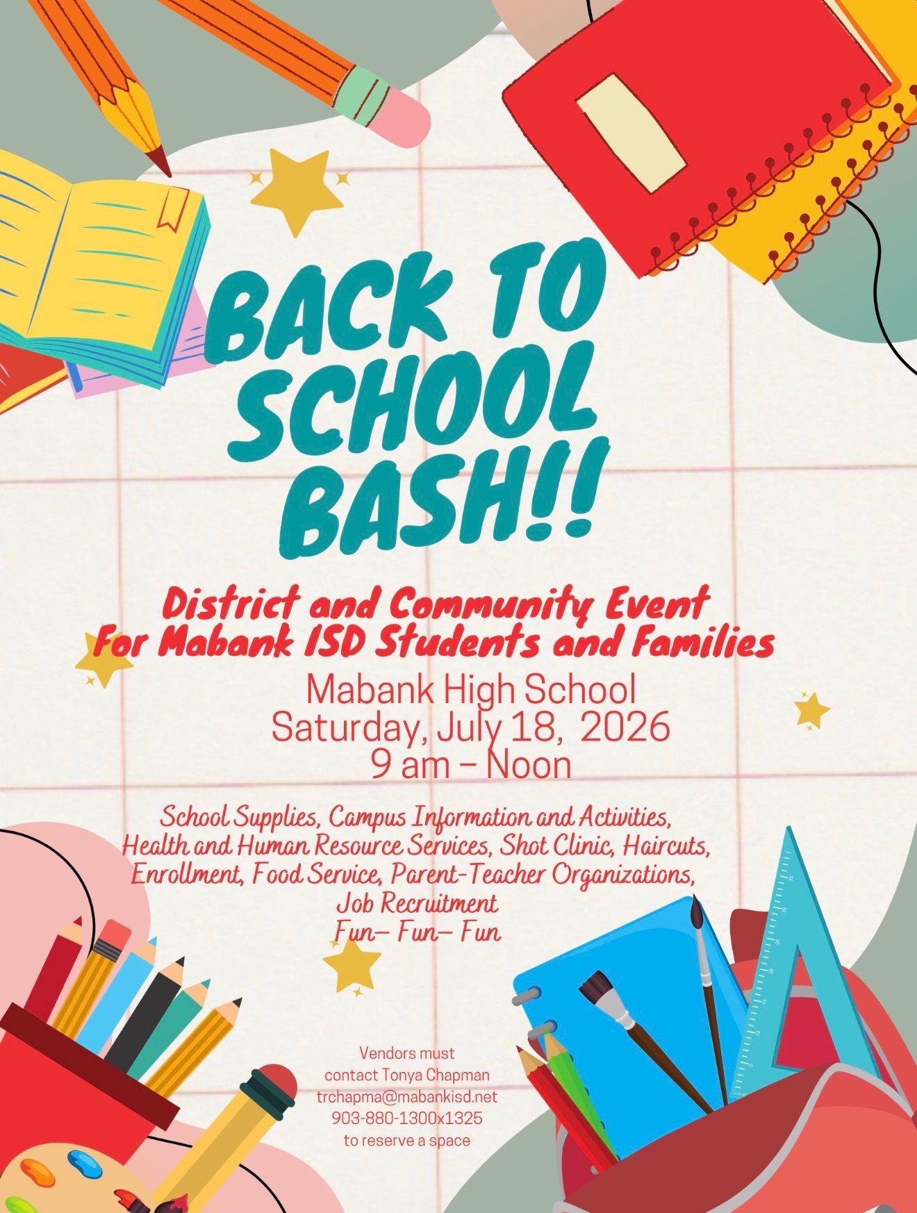 Back to School Bash flyer with school supplies, red and blue accents, for District 3 students and families