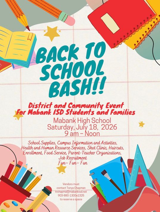 Back to School Bash flyer with school supplies, red and blue accents, for District 3 students and families