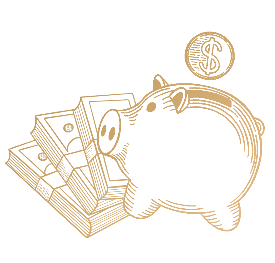 A piggy bank is sitting next to a pile of money and a coin.