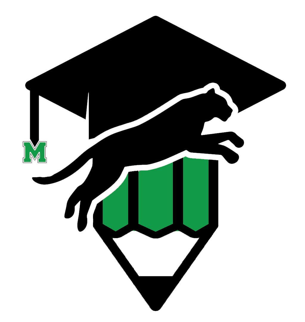 A black panther is jumping over a green pencil with a graduation cap.