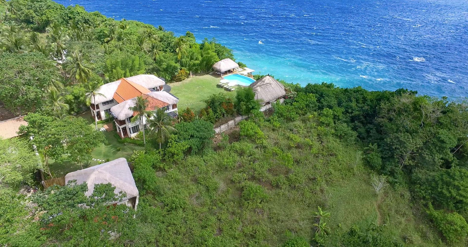 House and pool on a lush green hillside overlooking a blue ocean.