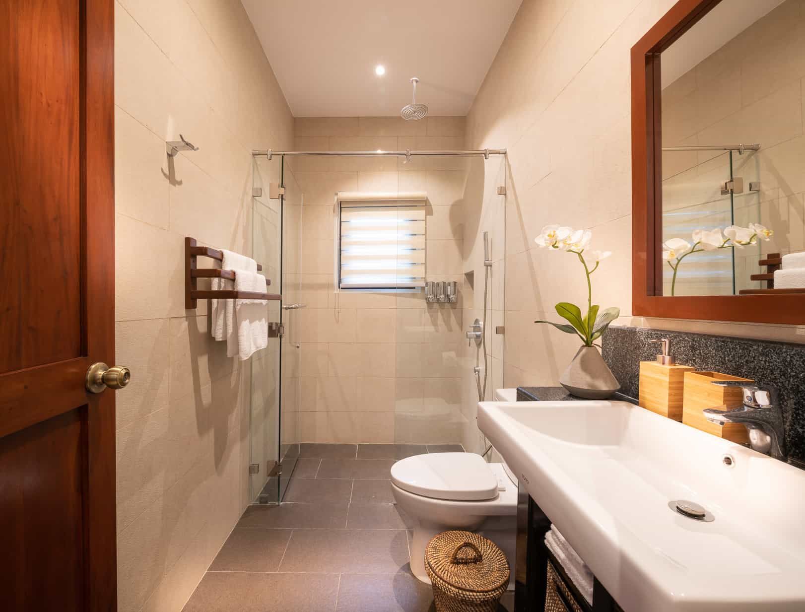 Bathroom with glass shower, white sink, toilet, wooden door and mirror, beige walls.