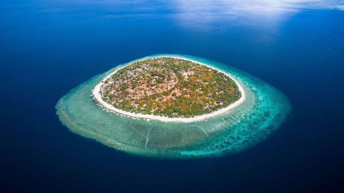 Oval-shaped island with a ring of coral in turquoise water. The island has dense green and brown vegetation.