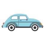 Light blue vintage car with black wheels.