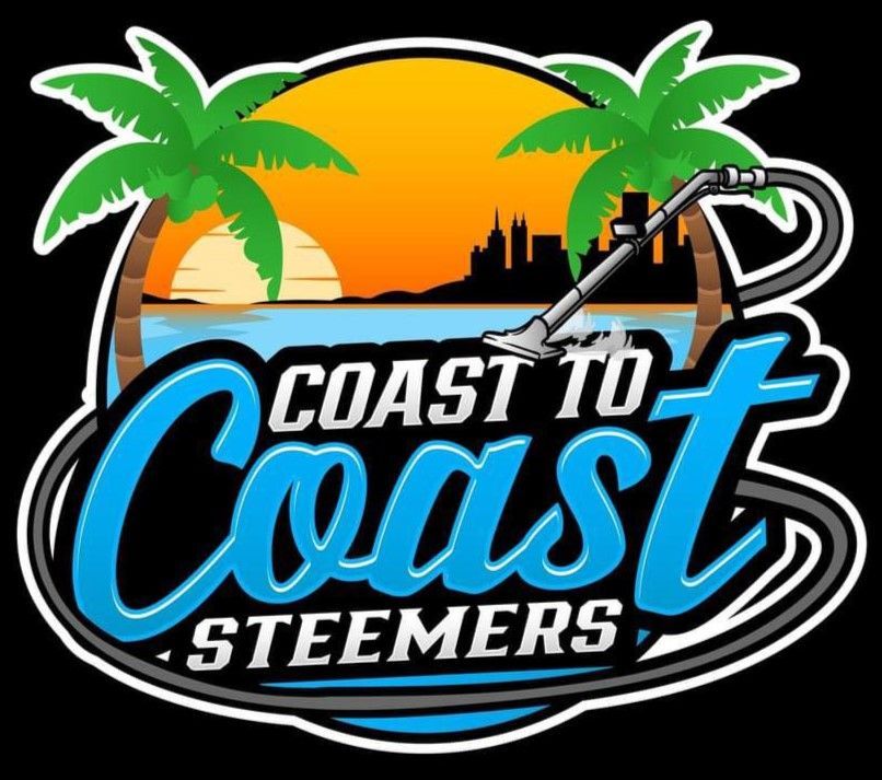 A logo for coast to coast steemers with palm trees and a vacuum cleaner