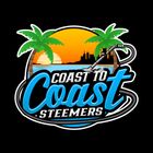 A logo for coast to coast steemers with palm trees and a vacuum cleaner